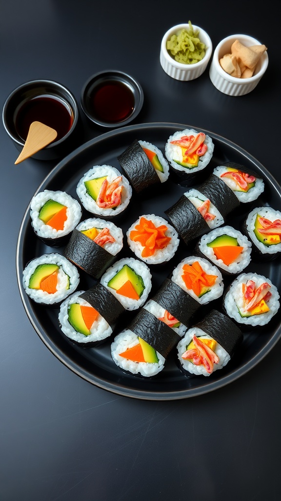 Colorful 8-bit sushi rolls with avocado, carrots, and crab sticks, served with soy sauce and wasabi.